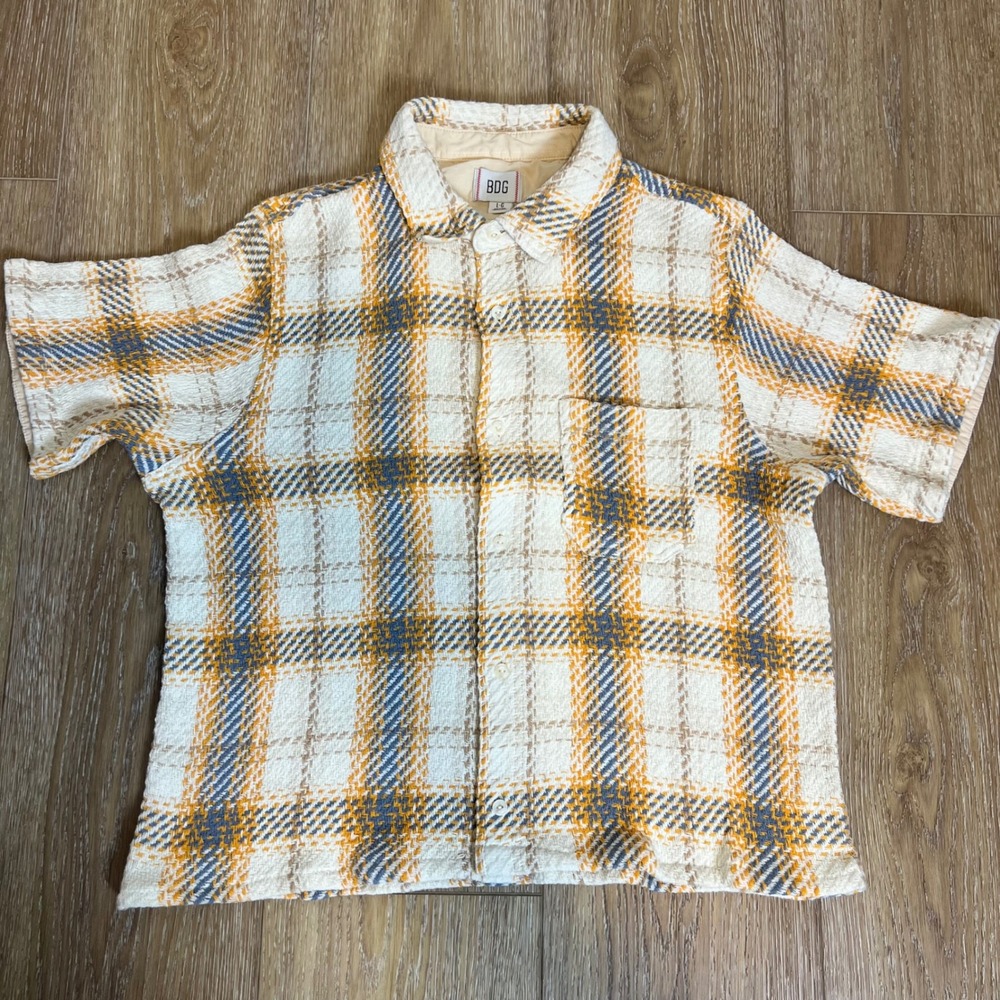 BDG Plaid‎ Short Sleeve Button Up Shirt Men's Large Textured White Yellow Blue